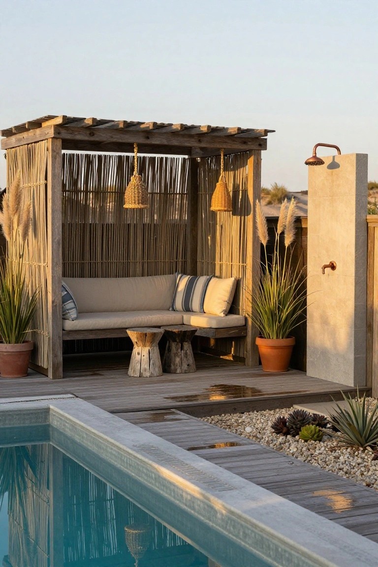 19 Clever Metal Tank Pool Ideas For A Polished Outdoor Look Wooden pergola structure with reed panel walls enclosing a beige bench seat and two wood stump stools next to a stone outdoor shower pillar beside a pool edge, with pampas grass plants in orange pots and ground succulents nearby.