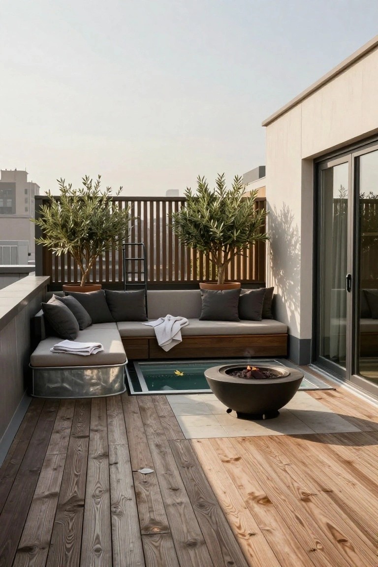 19 Clever Metal Tank Pool Ideas For A Polished Outdoor Look Rooftop terrace with L-shaped gray sofa, white towels, black round fire pit, glass-floored pool section containing water and a yellow fish, adjacent cylindrical silver metal tank, potted olive trees, wooden decking, and glass doors on a building.