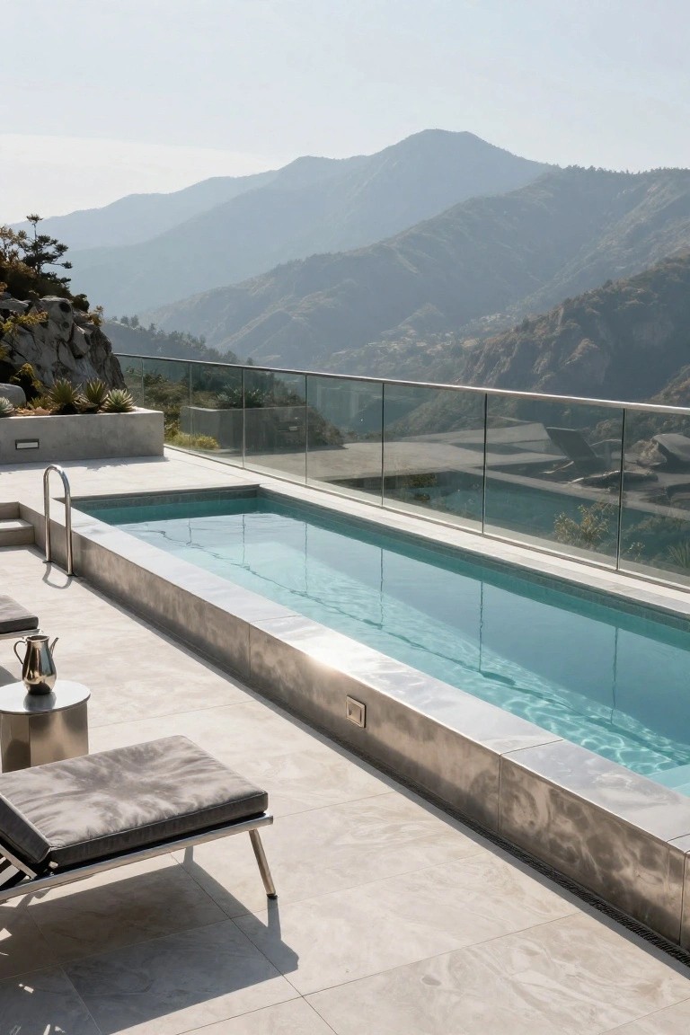 19 Clever Metal Tank Pool Ideas For A Polished Outdoor Look Rectangular swimming pool with stainless steel edging on a stone terrace overlooking distant mountains, lounge chair with cushion and metal side table with teapot nearby.