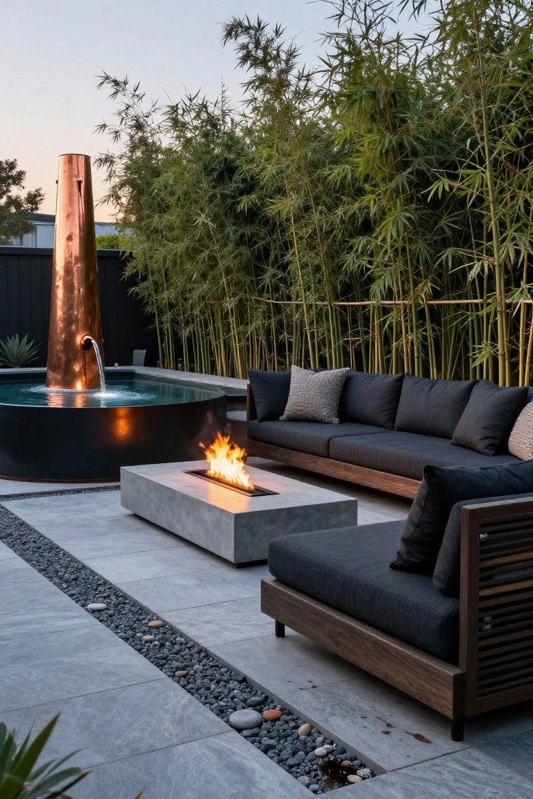 19 Clever Metal Tank Pool Ideas For A Polished Outdoor Look Tall copper cylindrical fountain pouring water into a black circular pool beside a concrete fire table and dark wood outdoor sofa set, screened by bamboo with a pebble-lined gray tile pathway.