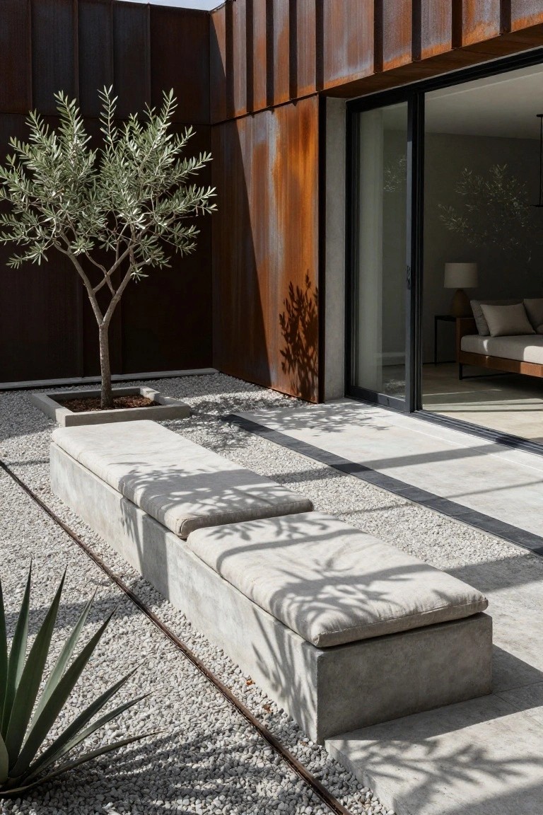 Outdoor courtyard featuring concrete benches with beige cushions, an olive tree in a raised planter, gravel ground cover, an agave plant, and a rusty metal wall with glass sliding doors leading inside.