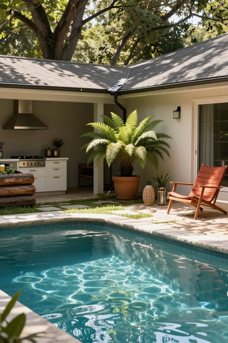Covered outdoor kitchen with stainless steel range hood and white cabinets next to a turquoise tiled pool, large potted fern plant, red wooden lounge chair, and surrounding greenery under a gray roof extension.