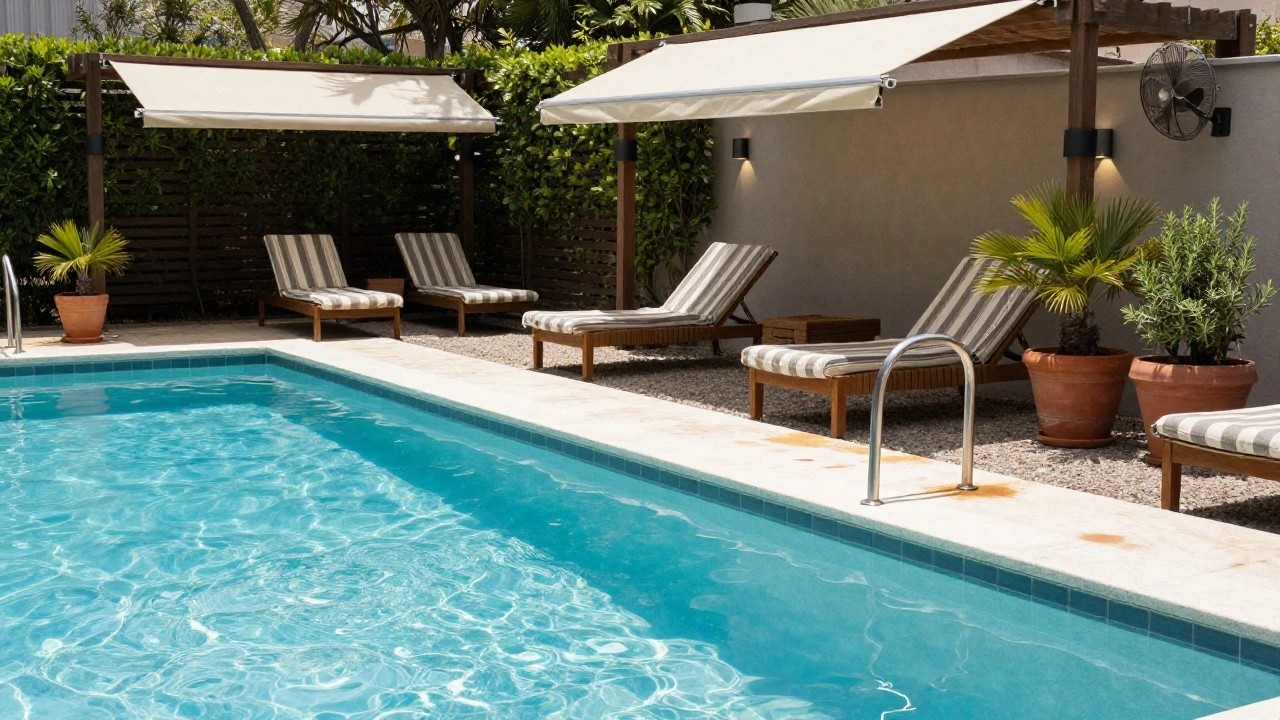 A turquoise pool with a stainless steel ladder at the edge, wooden lounge chairs with striped cushions along the side, under a wooden pergola with beige fabric shades, surrounded by hedges and potted plants.