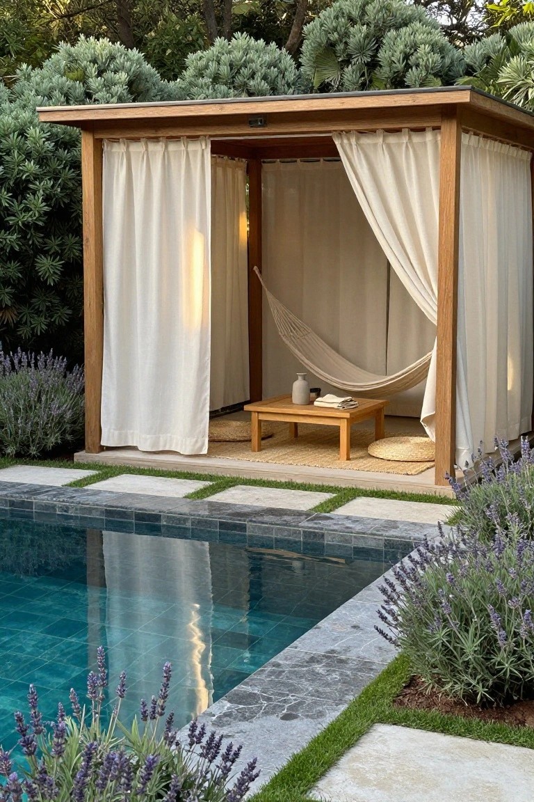 Wooden pavilion with open white curtains, hammock, low table, cushions, and vase beside a turquoise-tiled pool with stone edging, lavender plants, and surrounding greenery.