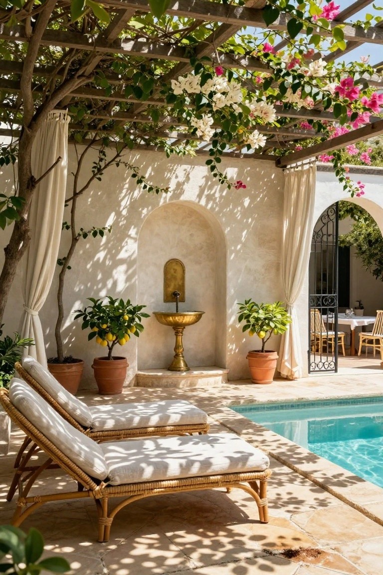 Poolside patio with two rattan chaise lounges under a vine-covered wooden pergola, lemon trees in terracotta pots beside a gold fountain on a stucco wall, and a dining area visible through an arched black iron gate.