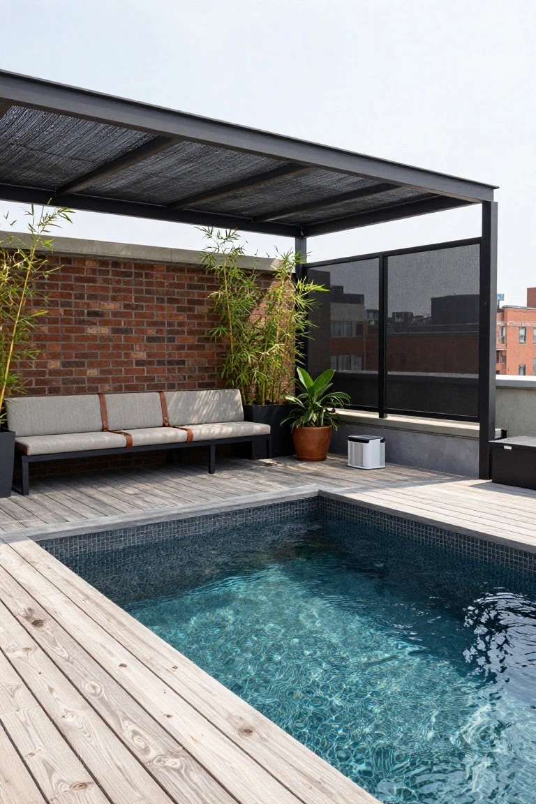 Rooftop terrace deck with small blue mosaic pool, light wood decking, gray cushioned three-seater sofa on black frame, black metal pergola with textured shade roof and mesh privacy screens, potted bamboo and plants, brick wall, and city buildings beyond.