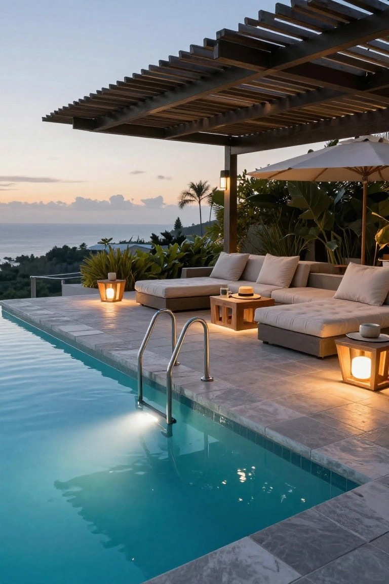 Terrace with infinity-edge pool, wooden slatted pergola overhead, beige lounge seating, wooden lanterns, tropical plants, and ocean view at sunset.
