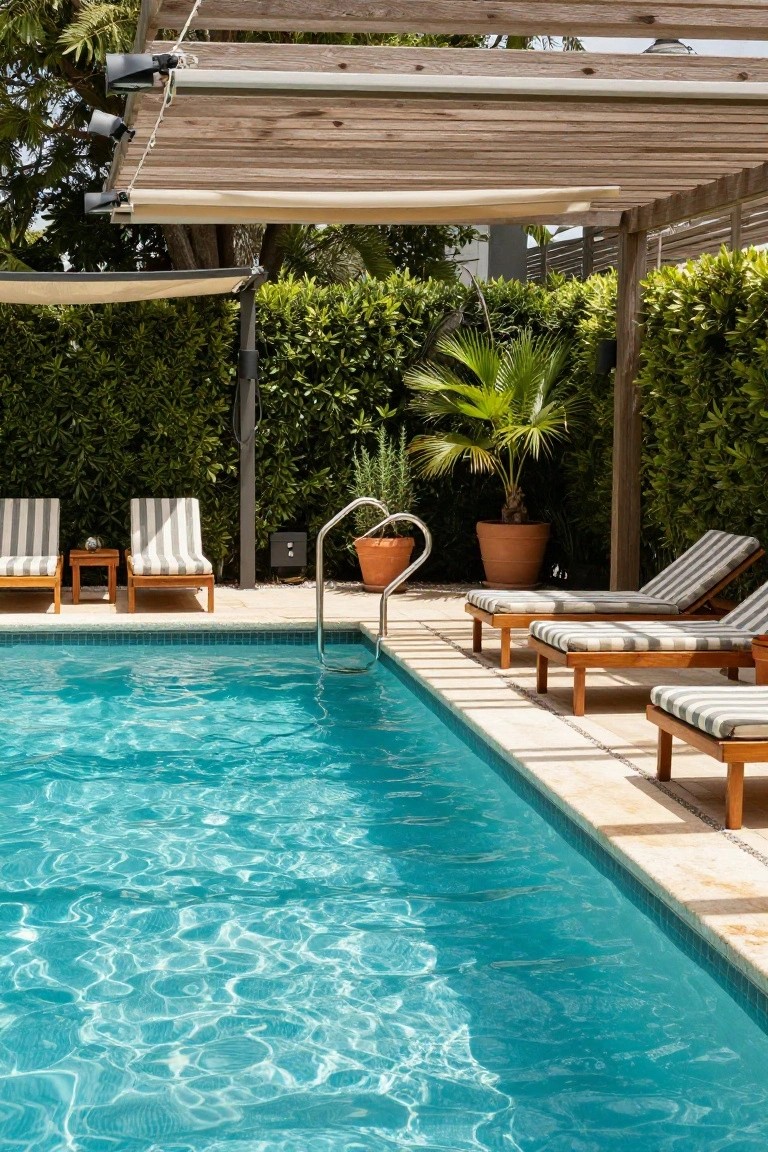 A turquoise pool with a stainless steel ladder at the edge, wooden lounge chairs with striped cushions along the side, under a wooden pergola with beige fabric shades, surrounded by hedges and potted plants.