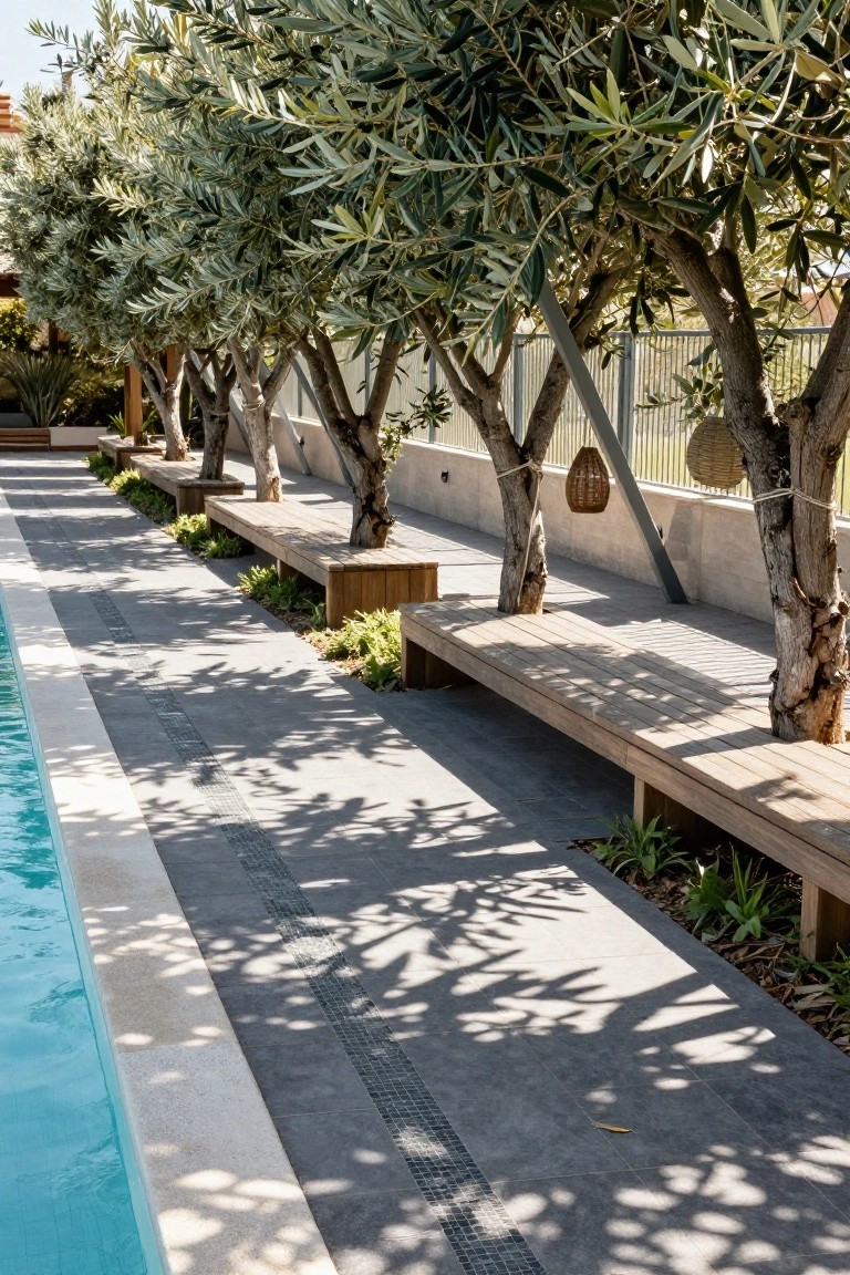Poolside gray tiled path with wooden benches under a row of mature olive trees, shadows cast on the deck beside a turquoise swimming pool.