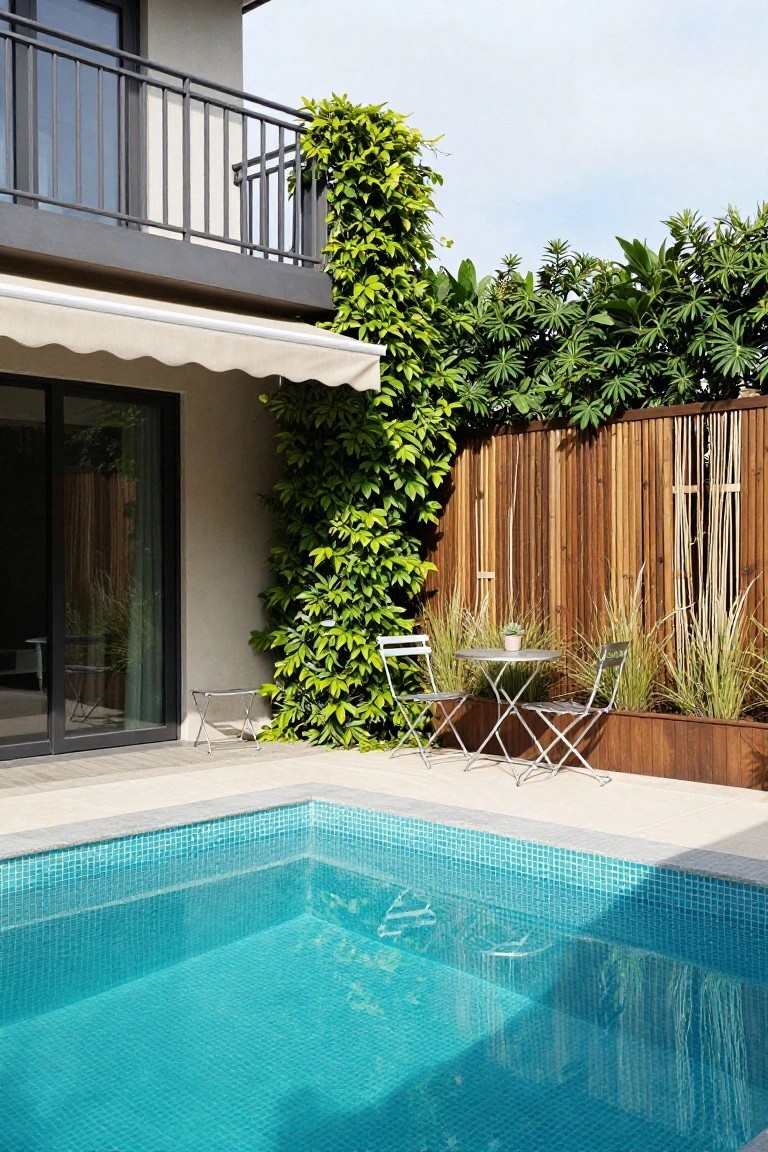 Beige scalloped awning extending from a modern house over metal bistro table and chairs beside a turquoise mosaic-tiled pool, with climbing vines on walls, potted grasses, and wooden bamboo fence in background.