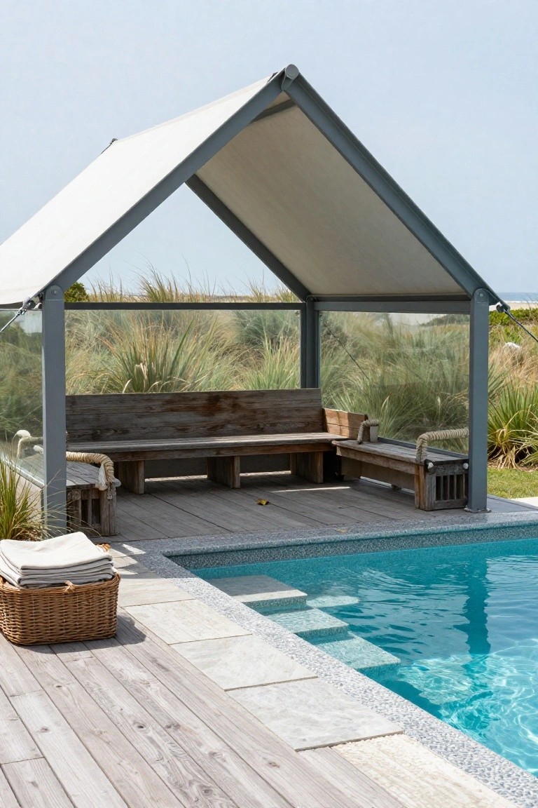Gray metal-framed canopy with white fabric roof and glass panels sheltering wooden benches on a deck beside a turquoise pool, with dune grasses and ocean view in the background.