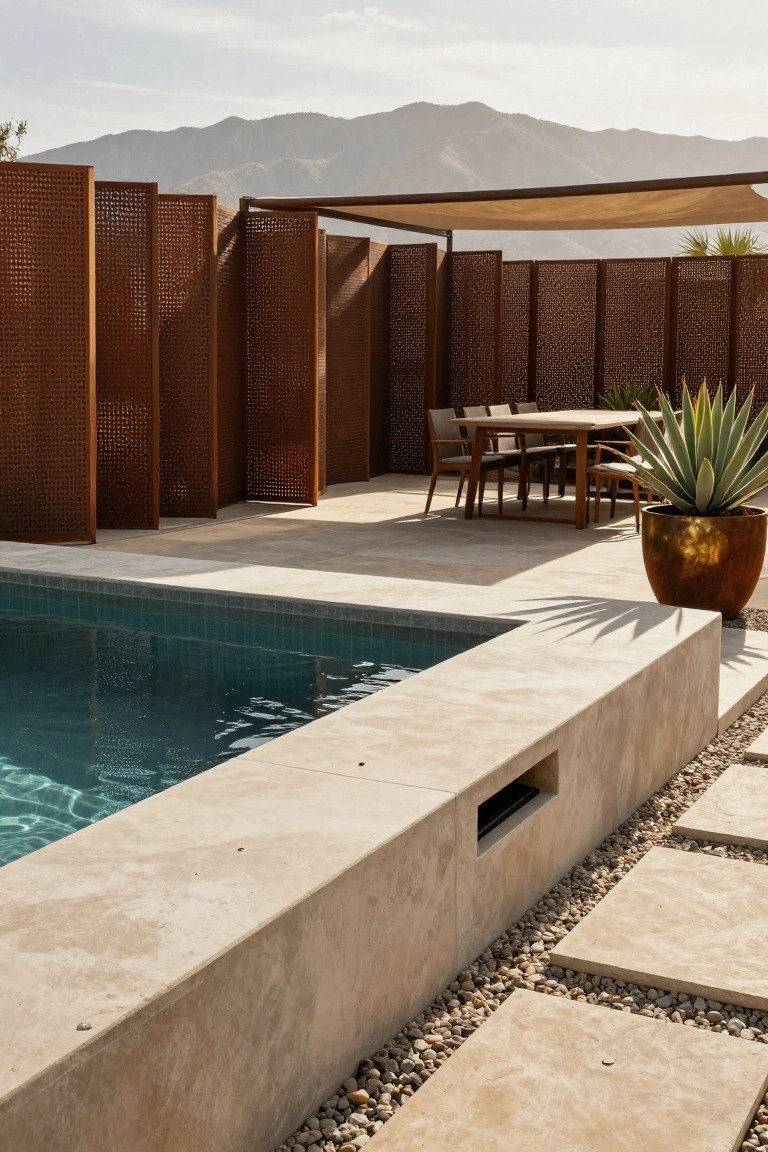 Turquoise pool with beige stone edging and decking, rust-colored perforated metal privacy screens, wooden dining table and chairs under tan fabric shade canopy, large agave plant in gold pot, gravel and pavers nearby, mountains in background.