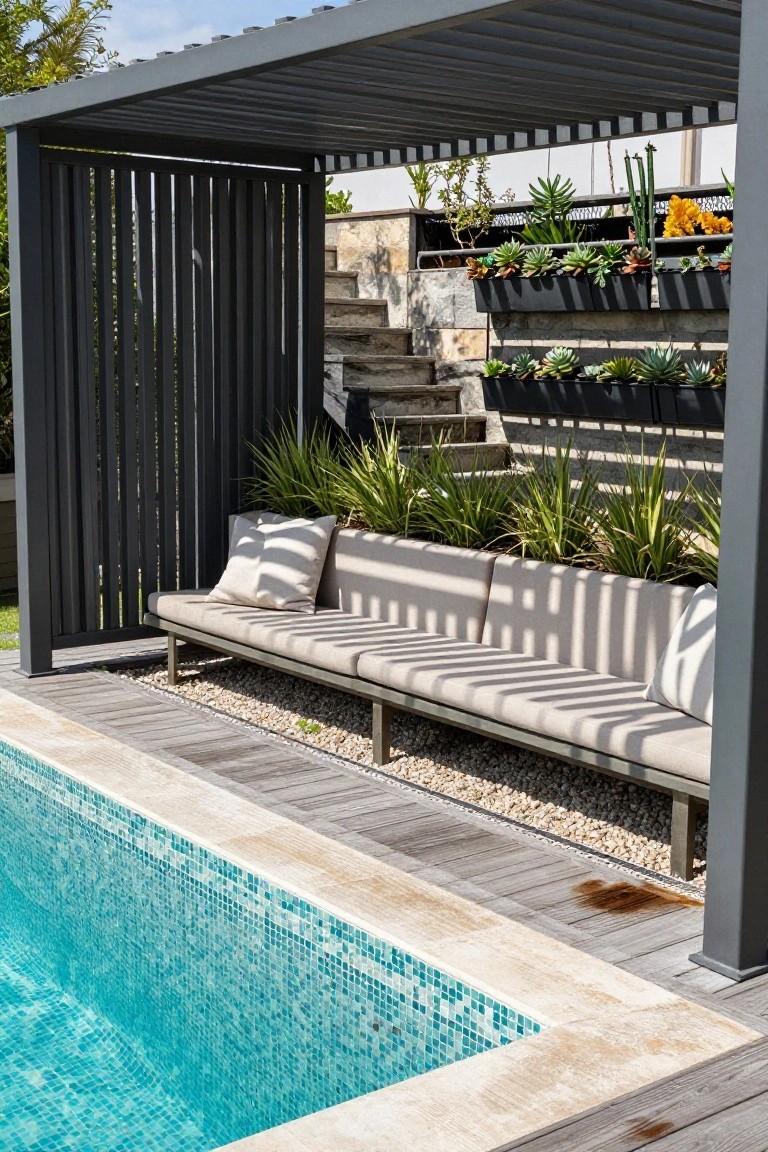 Gray slatted metal pergola shading a long beige cushioned bench next to a turquoise mosaic-tiled pool, with potted succulents and grasses in planters nearby on a wooden deck.