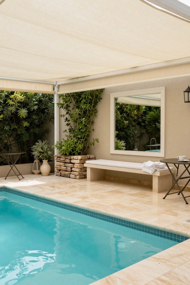 Beige fabric canopy shading a cushioned stone bench with folded towels next to a pool, flanked by potted plants, small tables, and a large mirror on a beige wall with greenery in the background.