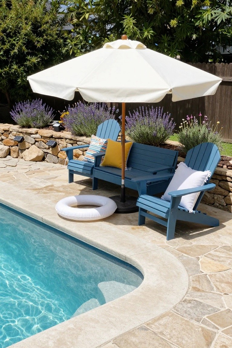 White market umbrella shading blue Adirondack chairs, a bench, and pillows next to a swimming pool, with lavender plants, stone walls, and a white pool float on the deck.