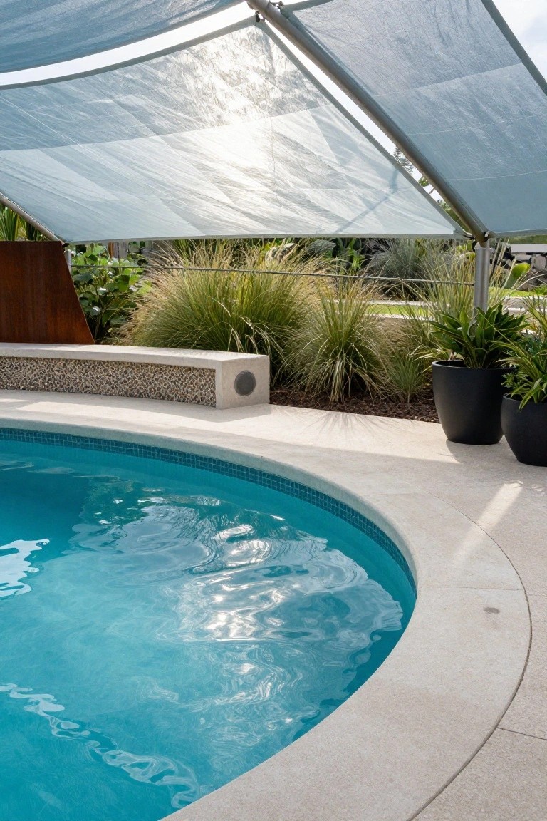 Curved edge of a turquoise swimming pool on a light concrete deck, partially shaded by translucent blue fabric sails on metal poles, with a built-in pebble mosaic bench, grasses, potted plants, and wood-accented landscaping nearby.