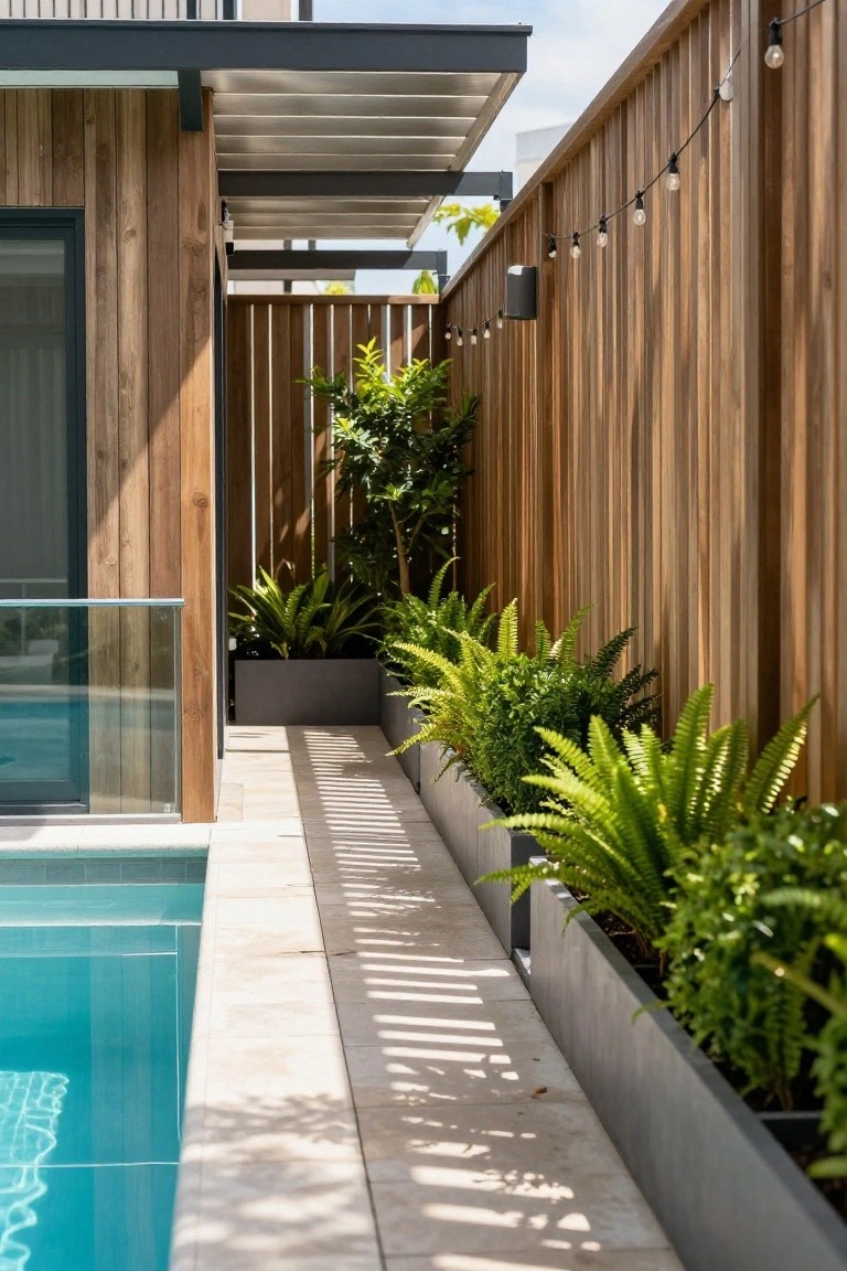 Narrow tiled path beside a rectangular pool, shaded by an overhanging slatted metal canopy, with wooden house wall and fence lined with ferns in tall gray planters and string lights.