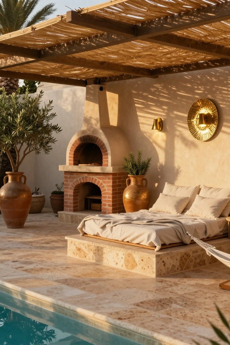 Outdoor poolside patio under a thatched pergola shading a low beige bed, with a brick pizza oven, terracotta pots, olive trees, potted plants, gold decor on beige walls, and stone flooring by a blue pool.