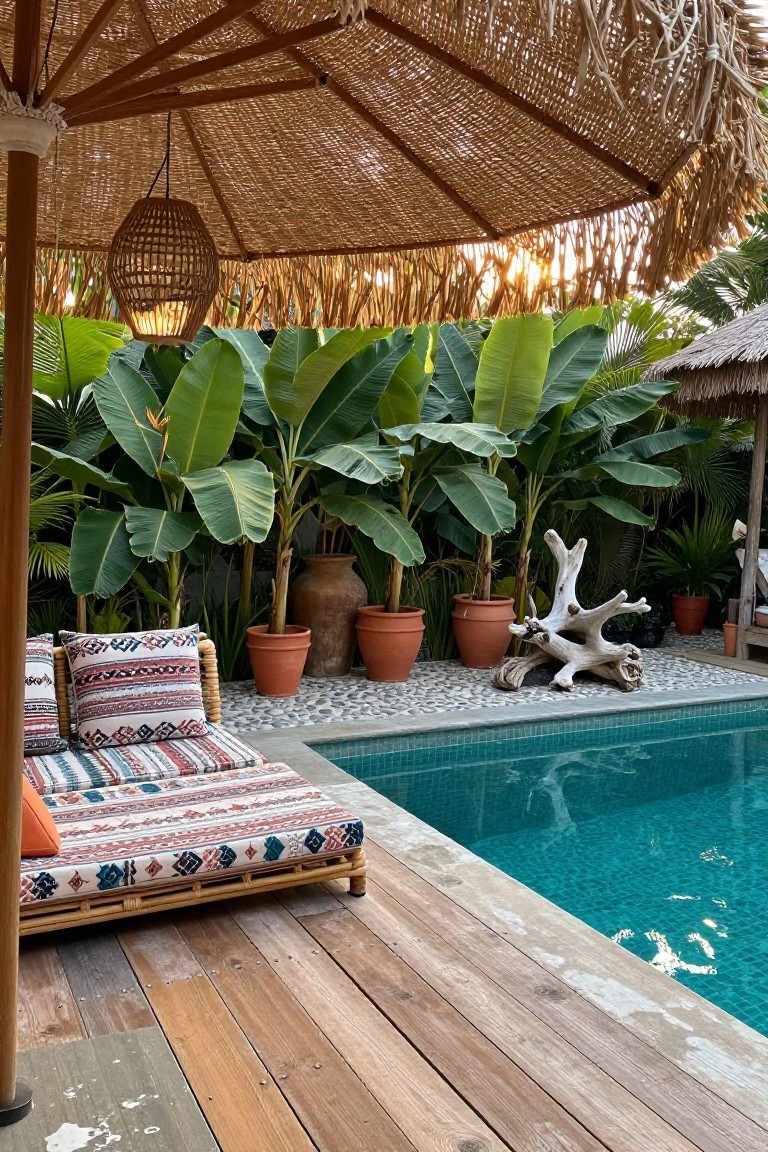 Turquoise tiled pool with adjacent wooden deck holding a cushioned daybed under a large thatched umbrella, banana plants in terracotta pots, and pebble ground nearby.