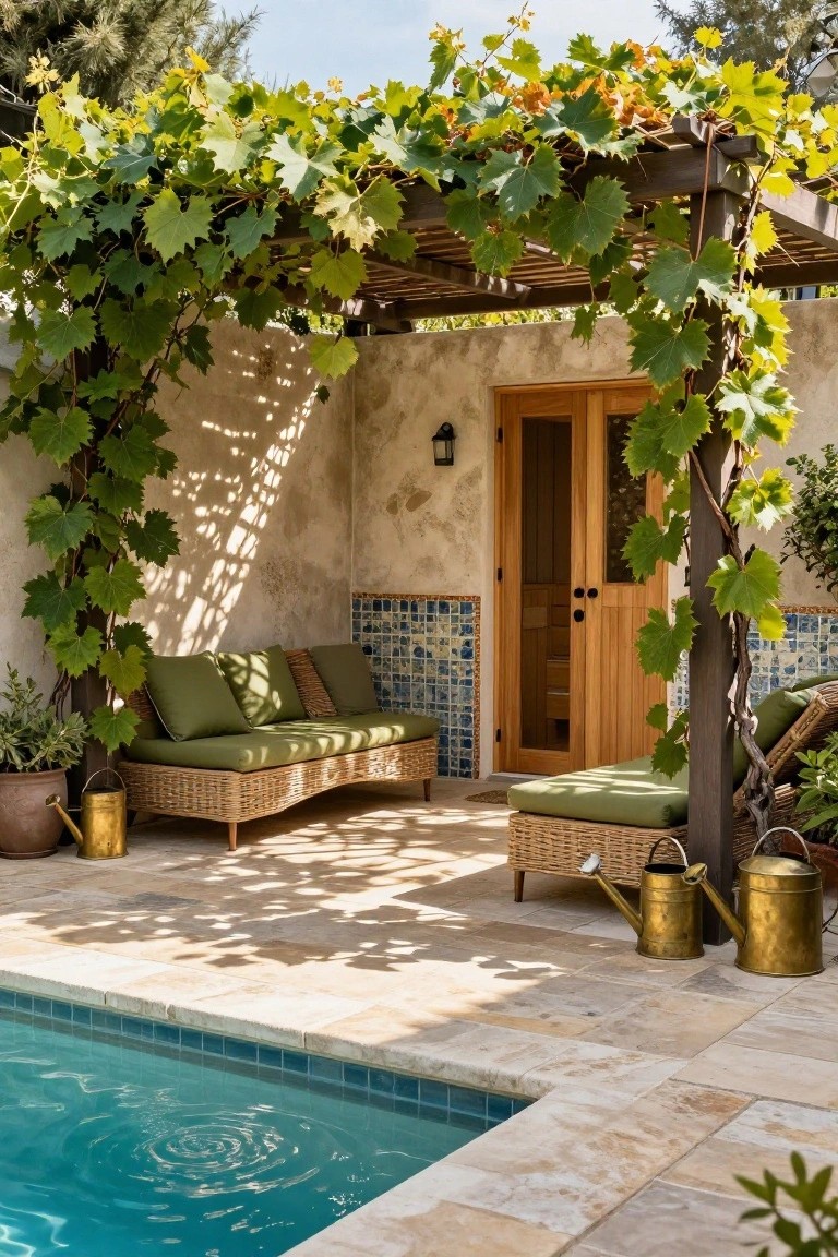 Wooden pergola covered in lush green grapevines shading a curved green sofa and lounge chair on a stone pool deck next to a turquoise pool, wooden sauna door, and blue tiled accents.