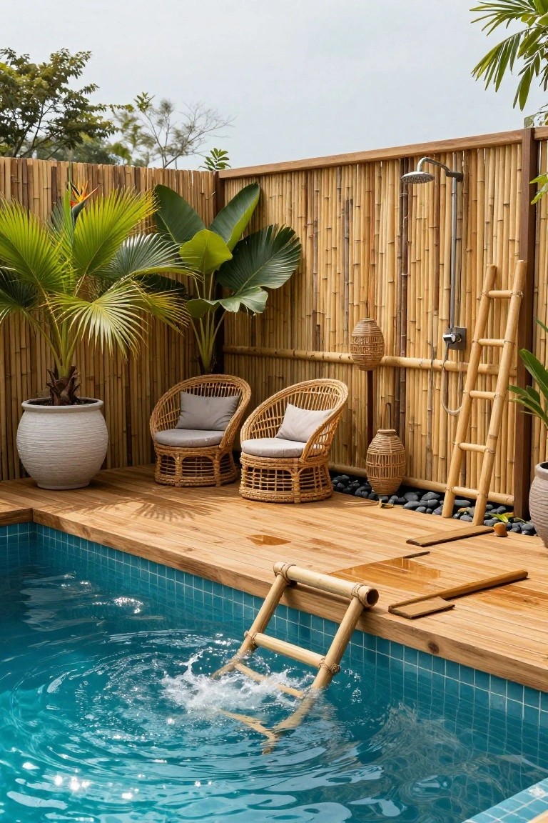 19 Cool Above Ground Pool Half Deck Ideas for Budget-Friendly Builds Above-ground pool with turquoise tiles and water splash, wooden half-deck platform, bamboo ladder entering the pool, bamboo fencing, outdoor shower, rattan chairs, potted plants, and pebbles.