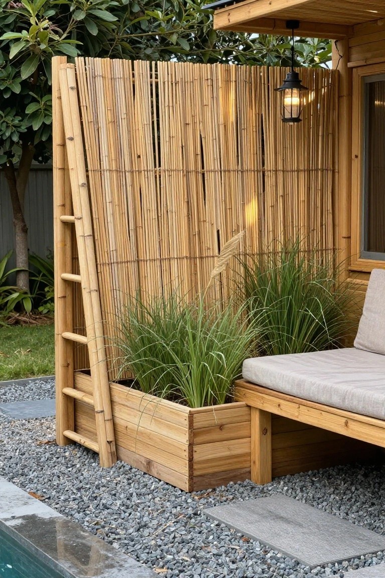 19 Cool Above Ground Pool Half Deck Ideas for Budget-Friendly Builds Above-ground pool with wooden half-deck including built-in bench seat, tall bamboo privacy screen, ladder, planter box of grasses, and gravel ground.