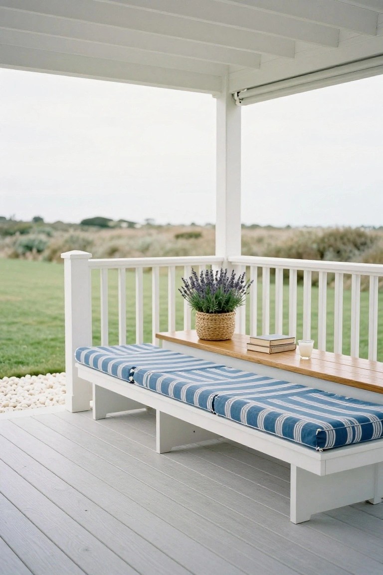 19 Cool Above Ground Pool Half Deck Ideas for Budget-Friendly Builds White wooden covered porch deck featuring a built-in bench with blue striped cushions and wooden shelf holding stacked books and a glass candle holder, next to a potted lavender plant on railing, overlooking green lawn and distant dunes.
