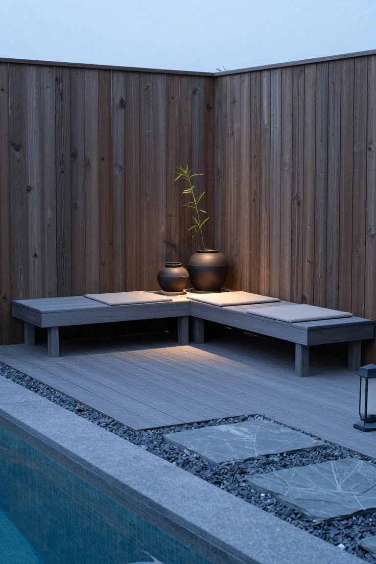 19 Cool Above Ground Pool Half Deck Ideas for Budget-Friendly Builds Gray wooden L-shaped benches with light cushions positioned on a deck corner next to an above-ground pool, with black ceramic pots containing bamboo shoots, a wooden fence backdrop, lit lanterns, and nearby gravel and stone pavers.