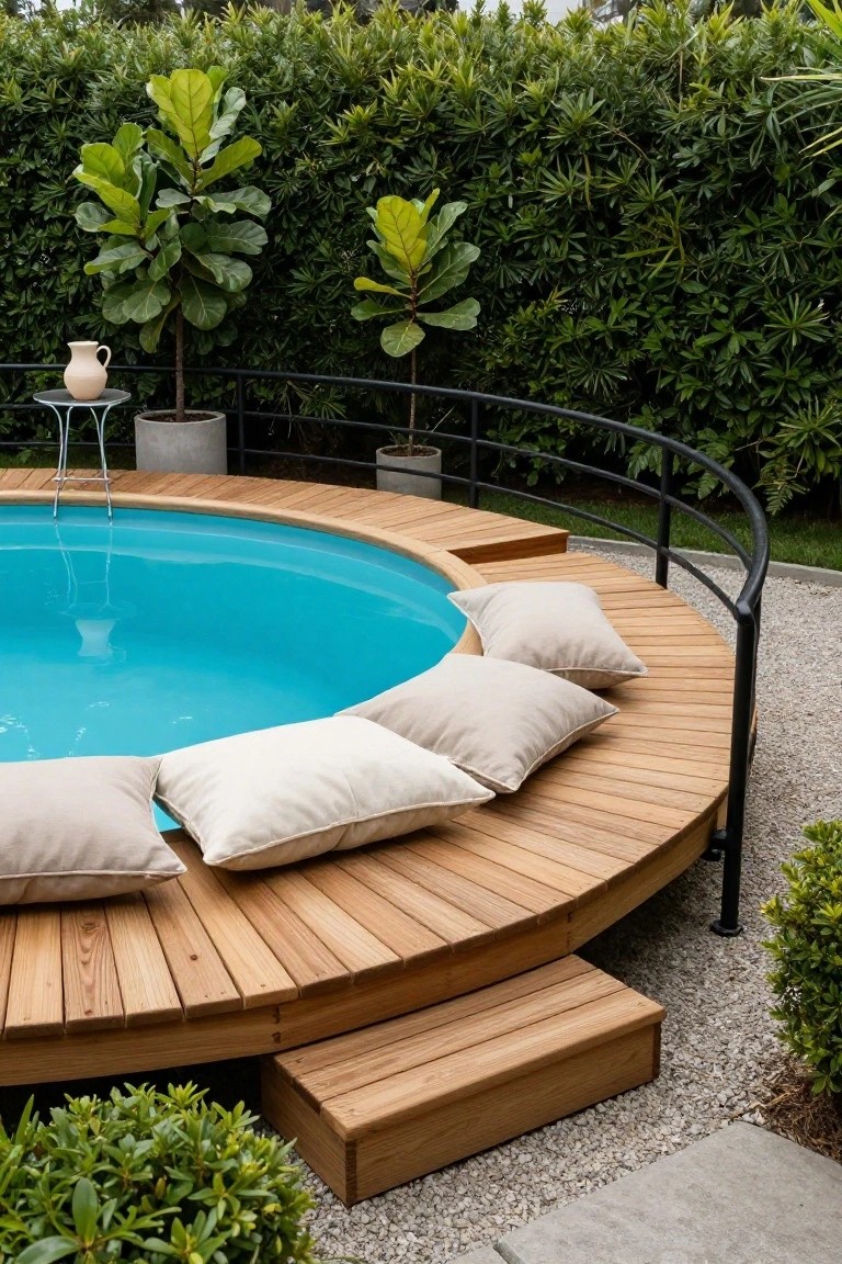 19 Cool Above Ground Pool Half Deck Ideas for Budget-Friendly Builds Round above-ground pool with turquoise water surrounded by a curved wooden half-deck, built-in benches with beige pillows, black metal railing, potted plants, and green hedges.