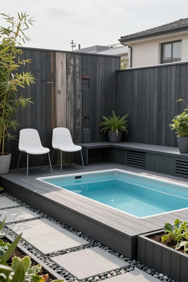 19 Cool Above Ground Pool Half Deck Ideas for Budget-Friendly Builds Small turquoise above-ground pool partially surrounded by elevated dark wood decking with built-in bench, two white molded chairs, potted plants, and gray pebble path beside wooden fence.