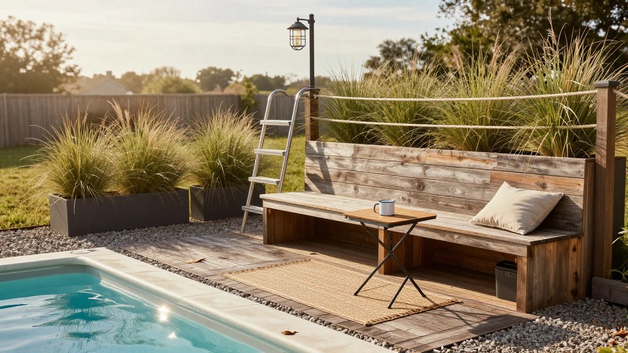 Above-ground pool with a raised wooden half-deck platform holding a metal ladder, potted grasses on either side, beige cushions and a small table on the deck, gray storage boxes underneath, gravel surround, and a fence in the background.