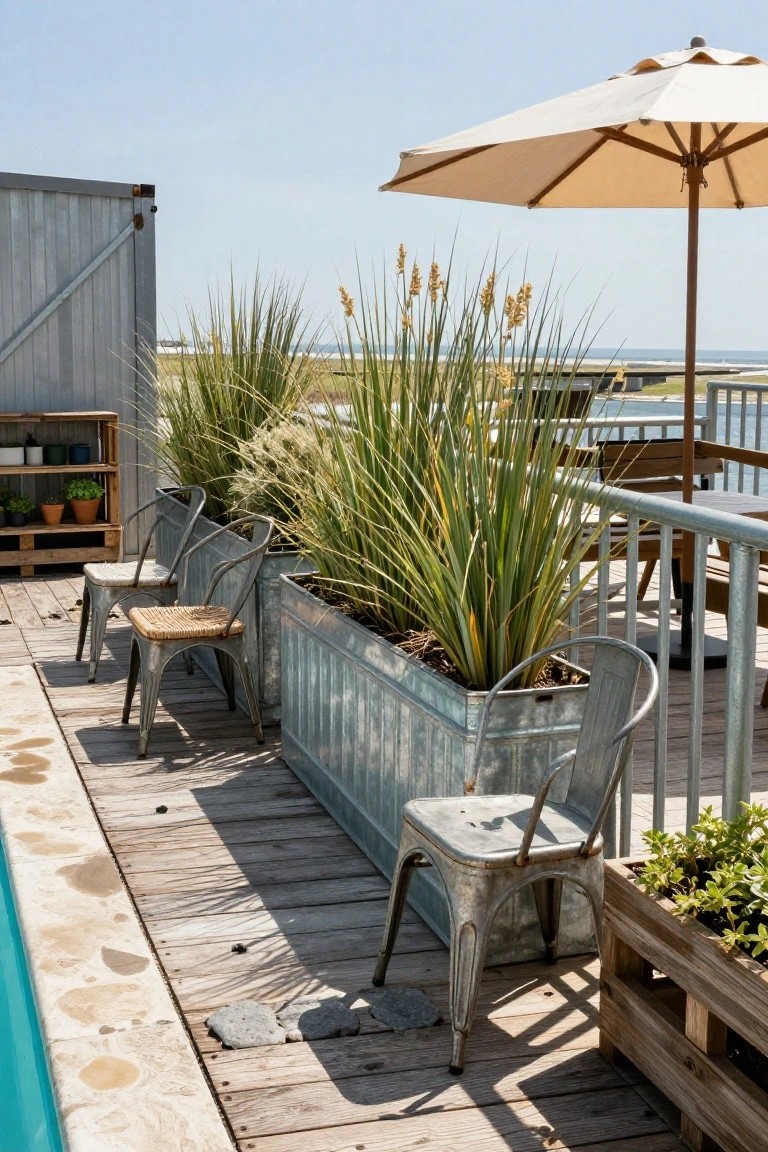 19 Cool Above Ground Pool Half Deck Ideas for Budget-Friendly Builds Wooden deck beside turquoise above-ground pool with large galvanized metal troughs filled with tall grasses, rustic metal chairs, white umbrella, and railing overlooking marshy water.