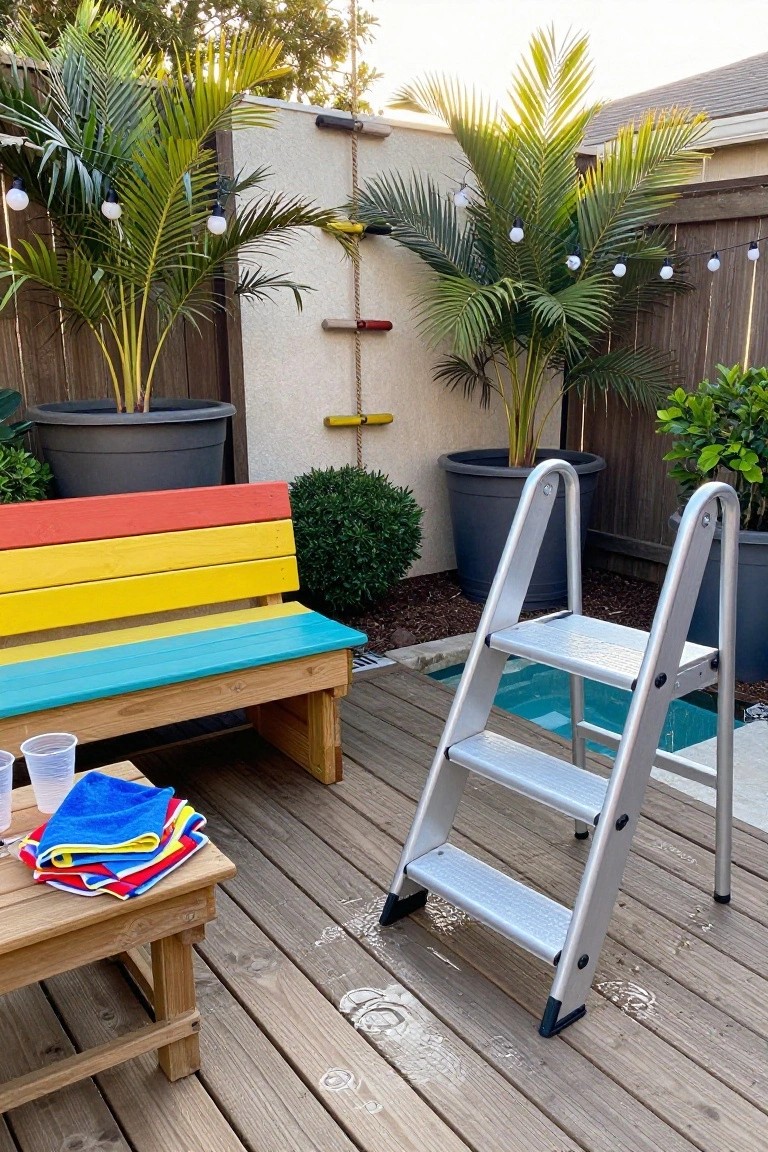 19 Cool Above Ground Pool Half Deck Ideas for Budget-Friendly Builds Wooden half-deck partially surrounding an above-ground pool with a silver three-step ladder positioned at the edge, a colorful striped bench, small wooden table with towels and plastic cups, potted palm trees, and string lights in a backyard.
