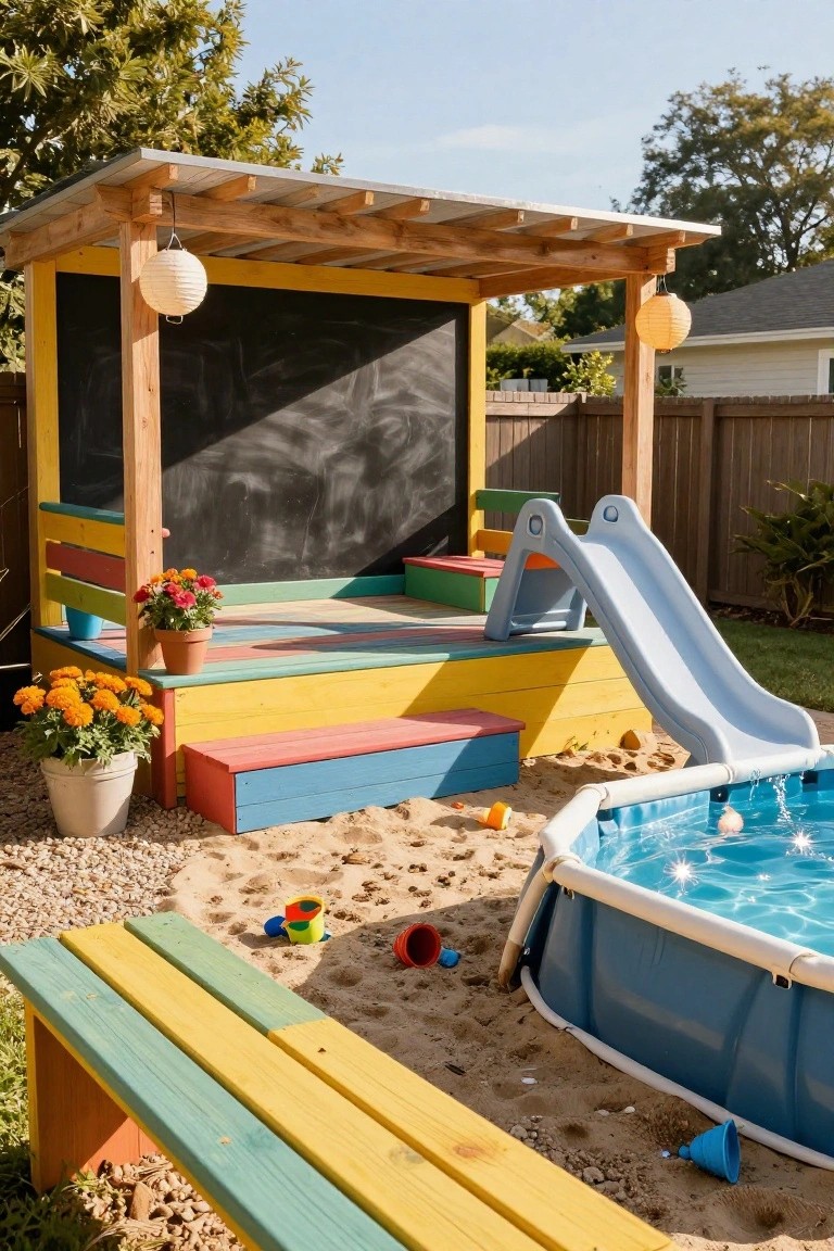 19 Cool Above Ground Pool Half Deck Ideas for Budget-Friendly Builds Colorful wooden half deck with chalkboard wall, slide, steps, bench, and sandbox around one side of a blue above-ground pool in a backyard with plants and toys.