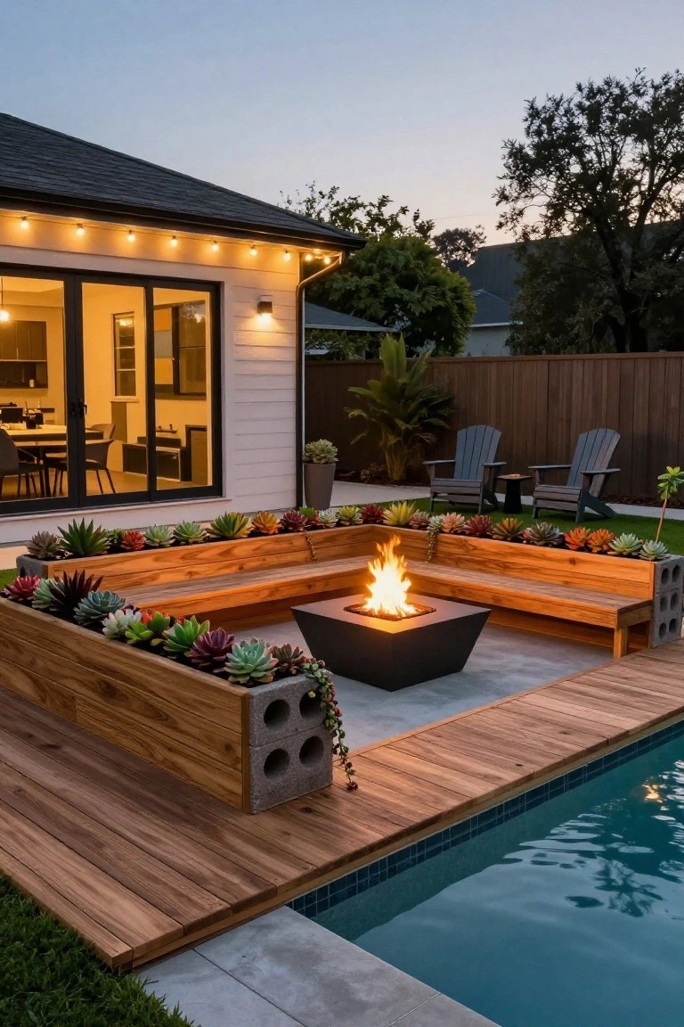 19 Cool Above Ground Pool Half Deck Ideas for Budget-Friendly Builds Wooden L-shaped benches with succulent planters surround a square black gas fire pit on a deck adjacent to a turquoise above-ground pool, with a modern house, Adirondack chairs, and string lights visible at dusk.