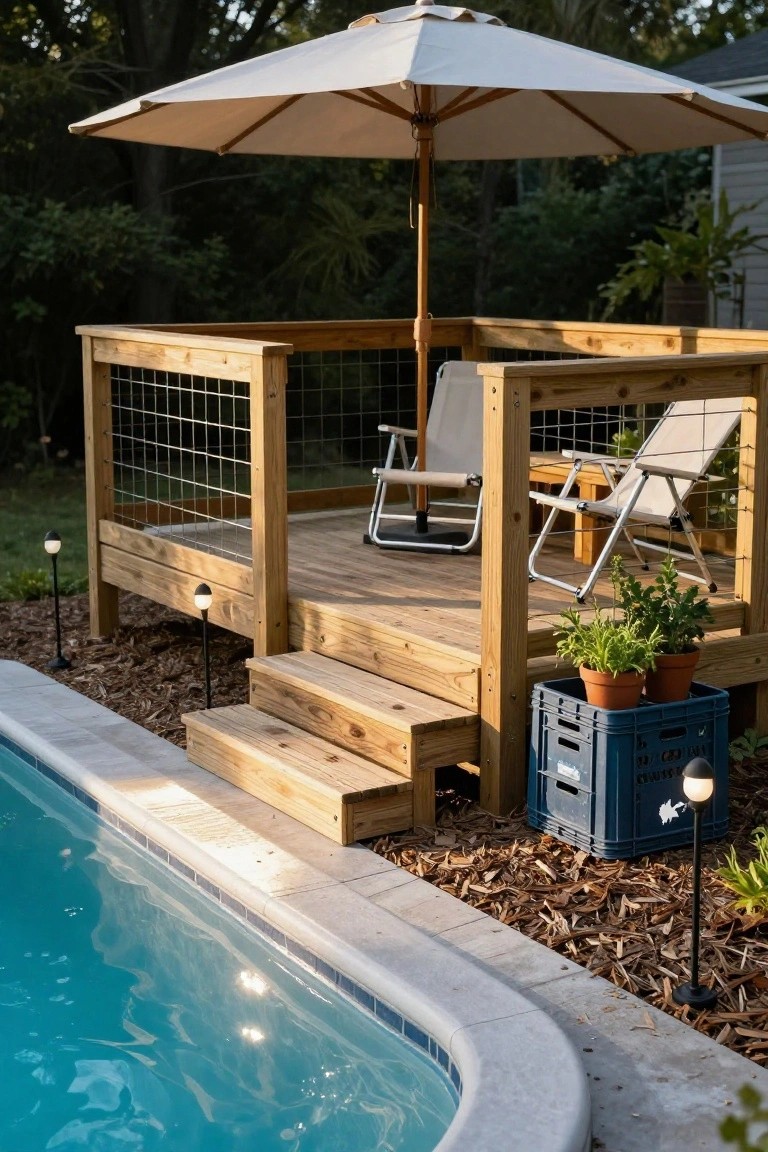19 Cool Above Ground Pool Half Deck Ideas for Budget-Friendly Builds Wooden deck platform adjacent to an above-ground pool with two lounge chairs under a beige umbrella, wire mesh railing, steps down to the pool, potted plants in blue crates, landscape lights, and surrounding mulch and greenery.