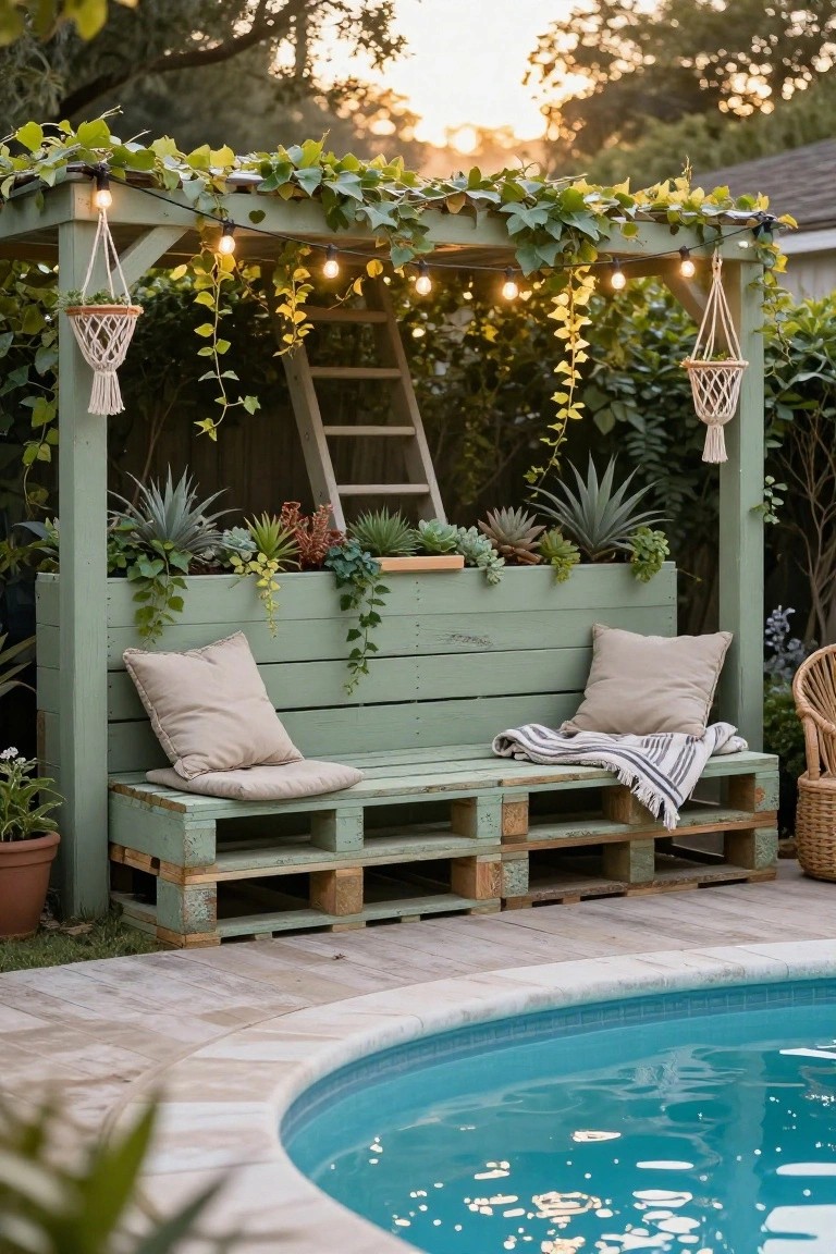 19 Cool Above Ground Pool Half Deck Ideas for Budget-Friendly Builds Green painted pallet bench with beige cushions, pillows, and blanket, integrated planter box with succulents, under vine-covered pergola with string lights and hanging planters, next to above-ground pool on paver patio.