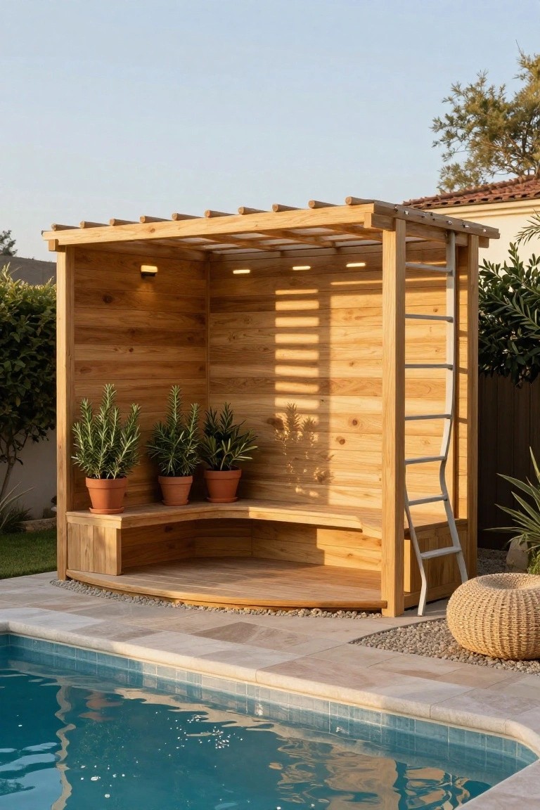 19 Cool Above Ground Pool Half Deck Ideas for Budget-Friendly Builds Pergola Half-Deck with Curved Bench