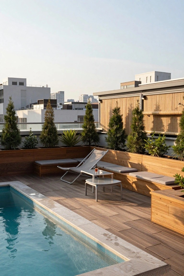 19 Cool Above Ground Pool Half Deck Ideas for Budget-Friendly Builds Rooftop turquoise above-ground pool edged by light wood decking, raised wooden planters with trees and shrubs doubling as cushioned benches, a reclining lounger with side table, and city buildings in background.