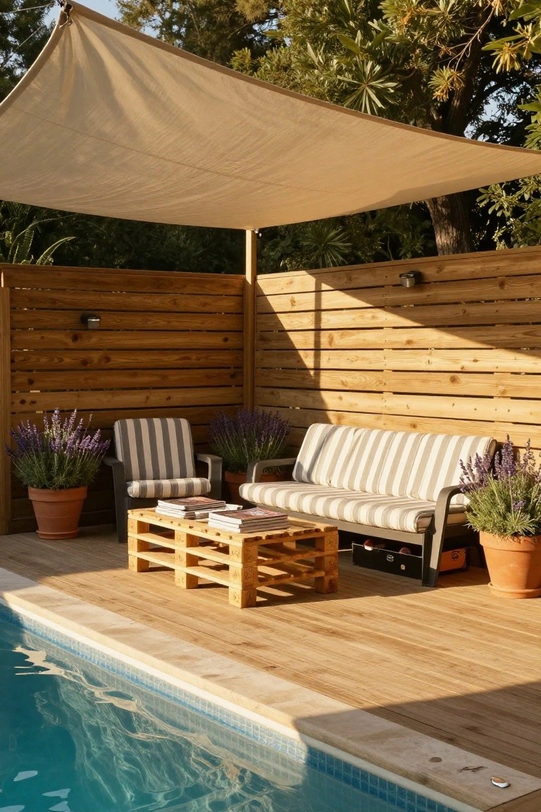 19 Cool Above Ground Pool Half Deck Ideas for Budget-Friendly Builds Wooden half-deck next to an above-ground pool with striped lounge chairs and sofa, pallet coffee table, potted lavender plants, under a beige shade sail, against a wooden slat fence.
