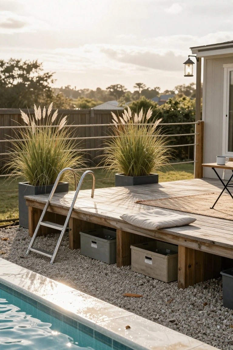 19 Cool Above Ground Pool Half Deck Ideas for Budget-Friendly Builds Above-ground pool with a raised wooden half-deck platform holding a metal ladder, potted grasses on either side, beige cushions and a small table on the deck, gray storage boxes underneath, gravel surround, and a fence in the background.