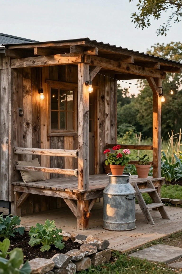 19 Cool Above Ground Pool Half Deck Ideas for Budget-Friendly Builds Rustic wooden cabin exterior with covered porch, built-in bench with cushion, potted flowers, galvanized milk cans, string lights, stairs, and surrounding garden beds with vegetables.