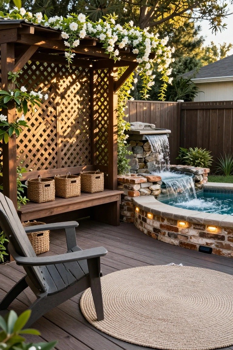 19 Cool Above Ground Pool Half Deck Ideas for Budget-Friendly Builds Wooden pergola draped in white flowers beside a curved half deck around a round turquoise above-ground pool, with a brick and stone waterfall flowing into the pool water, a bench with seagrass baskets, and a gray Adirondack chair on decking.