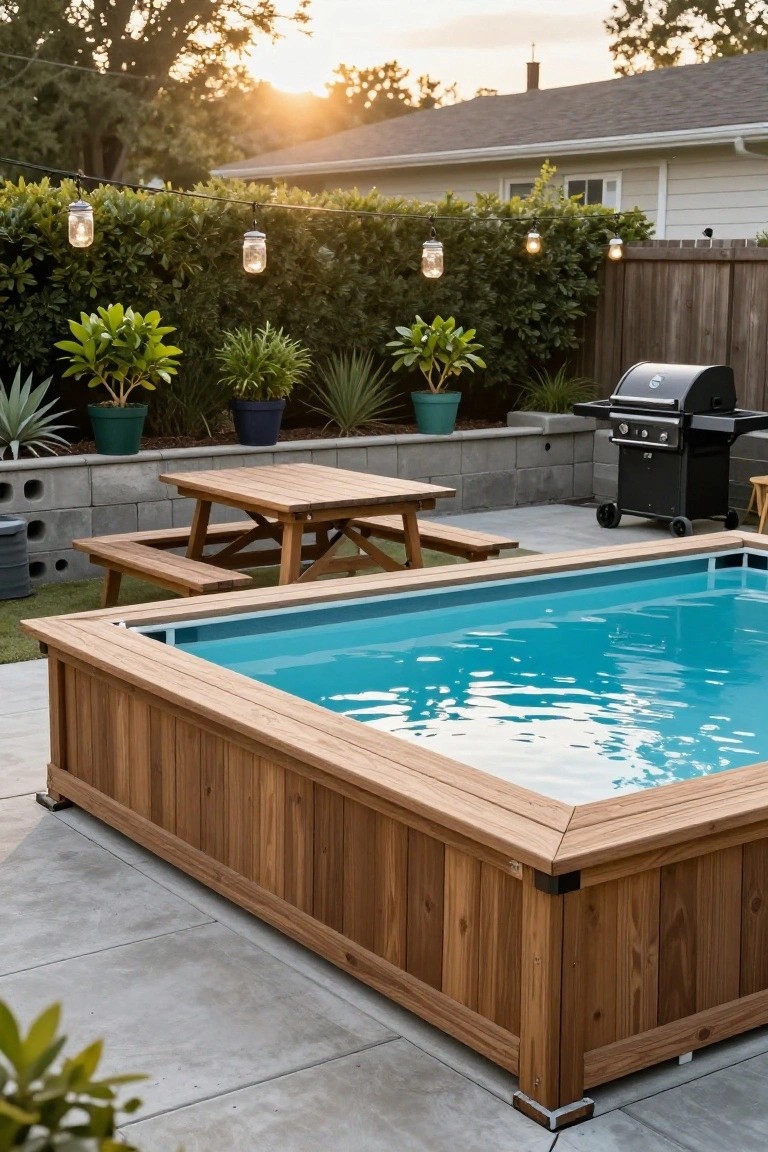 19 Cool Above Ground Pool Half Deck Ideas for Budget-Friendly Builds Backyard above-ground pool with wooden half-deck framing three sides, wooden picnic table and benches, black barbecue grill, potted plants, string lights, and concrete pavers at sunset.