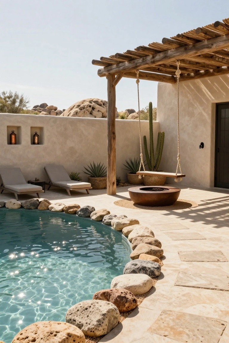 Curved turquoise pool edged with large natural rocks, adjacent to a bronze fire pit on gravel, beige stucco walls, wooden pergola with rope swing, lounge chairs, and desert plants including cacti.