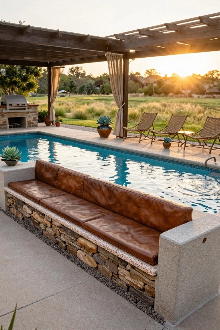 Outdoor pool with brown leather bench, pergola, and lounge chairs at sunset.