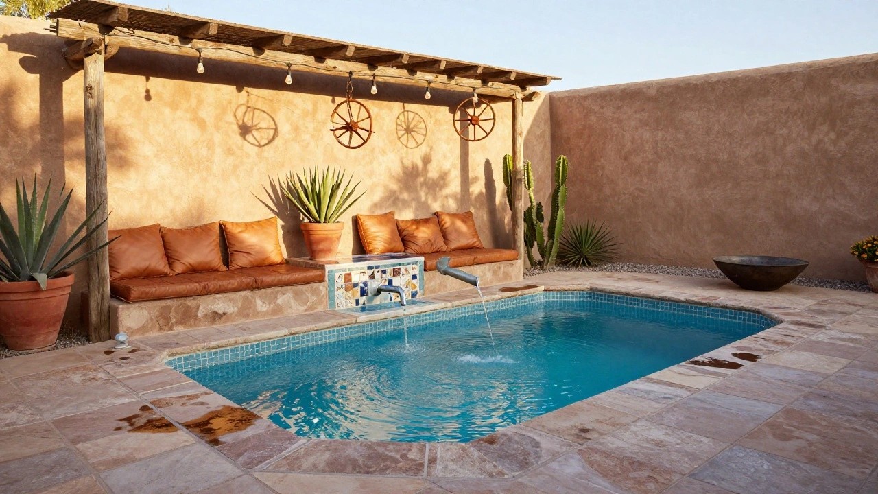 Small turquoise pool in an adobe-walled courtyard with built-in tiled bench topped by tan leather cushions, potted agave plants, metal fountain spilling into the pool, hanging string lights, wooden ship's wheel on wall, and metal fire bowl with rocks.