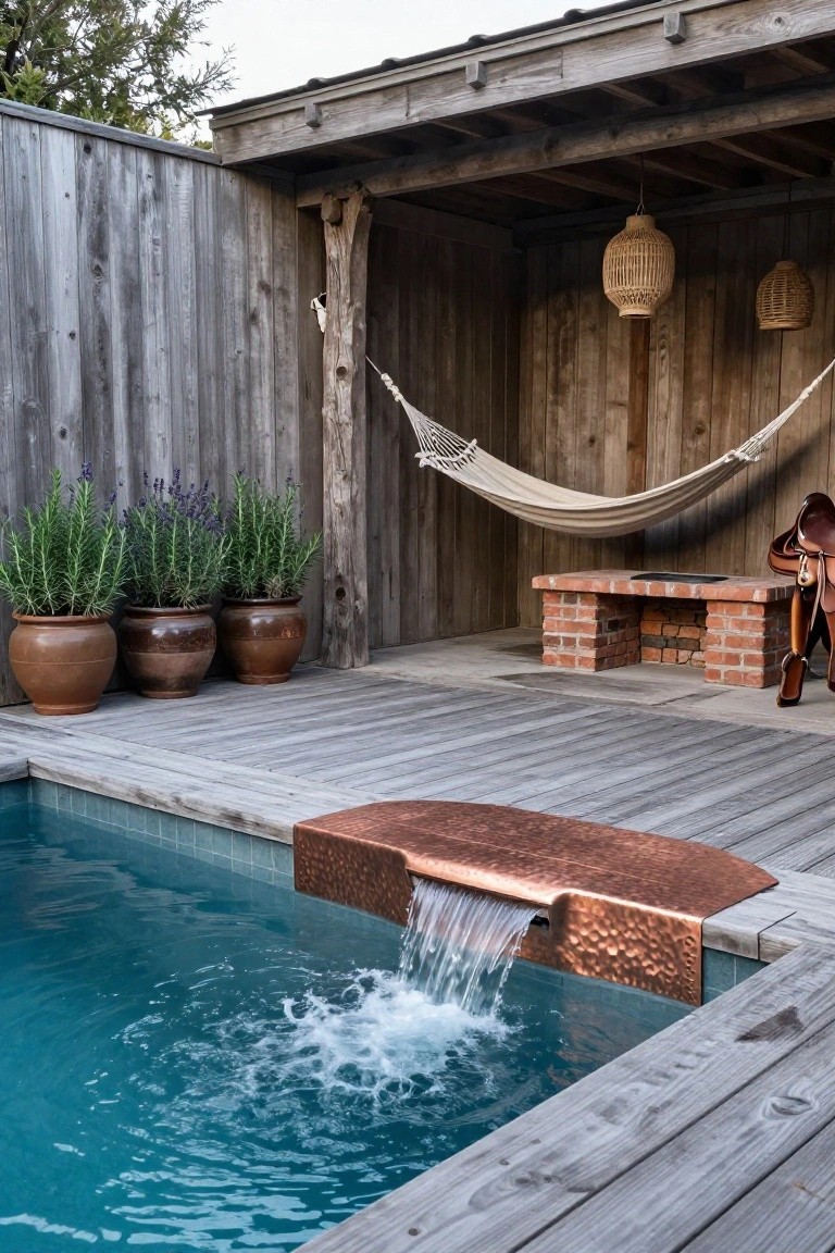 Rustic wooden deck with pool, copper fountain, hammock, and potted lavender.
