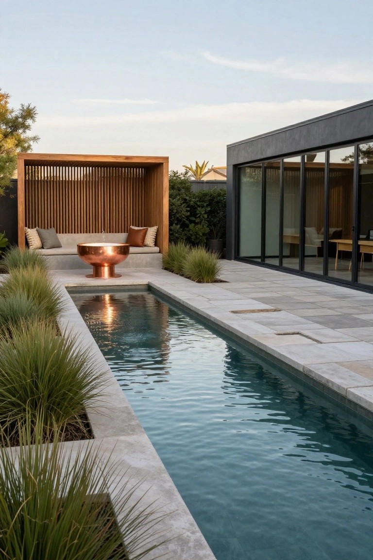 Narrow turquoise pool flanked by ornamental grasses and stone pavers leads to a wooden pavilion with copper fire bowl, adjacent to modern house with glass doors and interior seating.