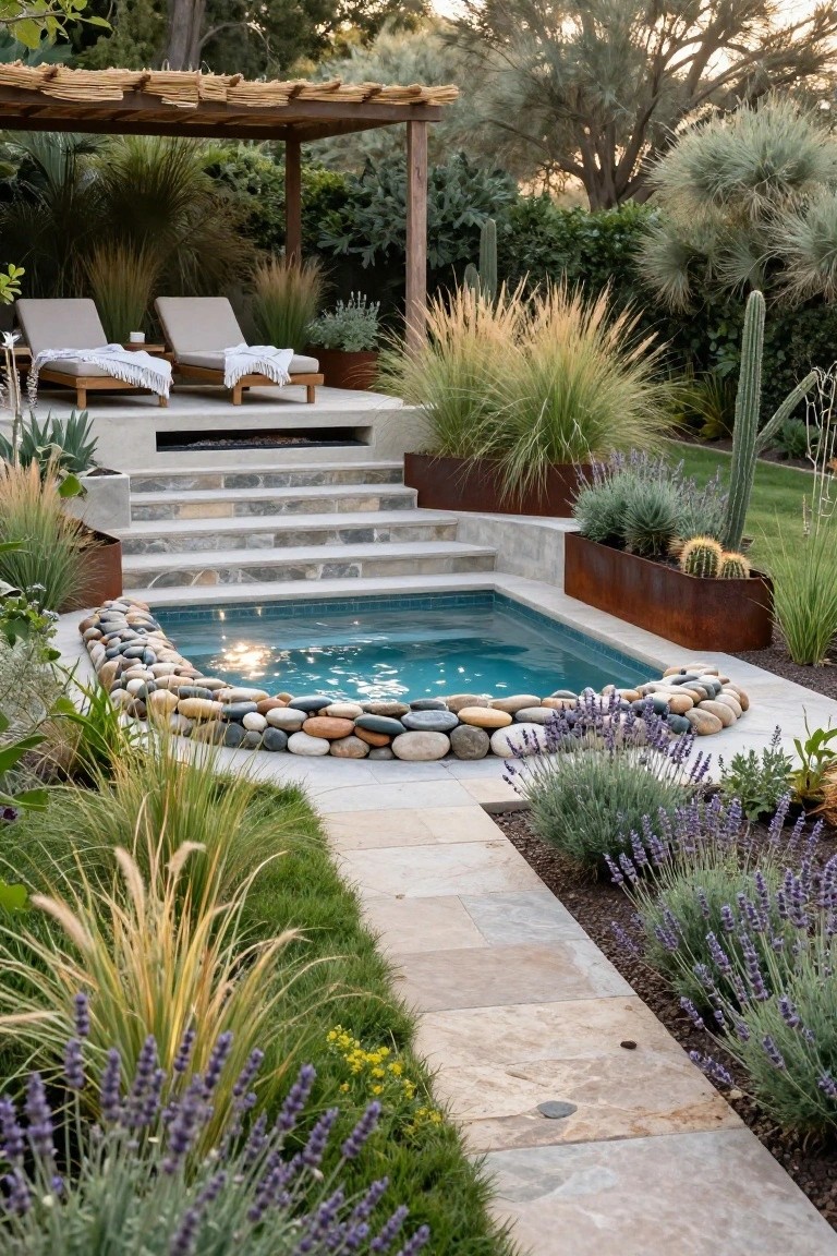 Serene backyard pool with stone edging, lounge chairs, and desert landscaping.